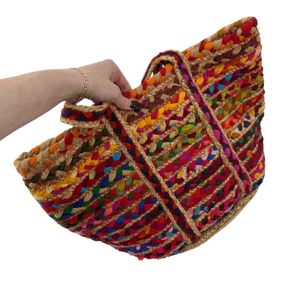 Antik Batik Multicolor Woven Jute Large Tote Boho Cabas Bag Spring Summer Beach - Picture 5 of 15